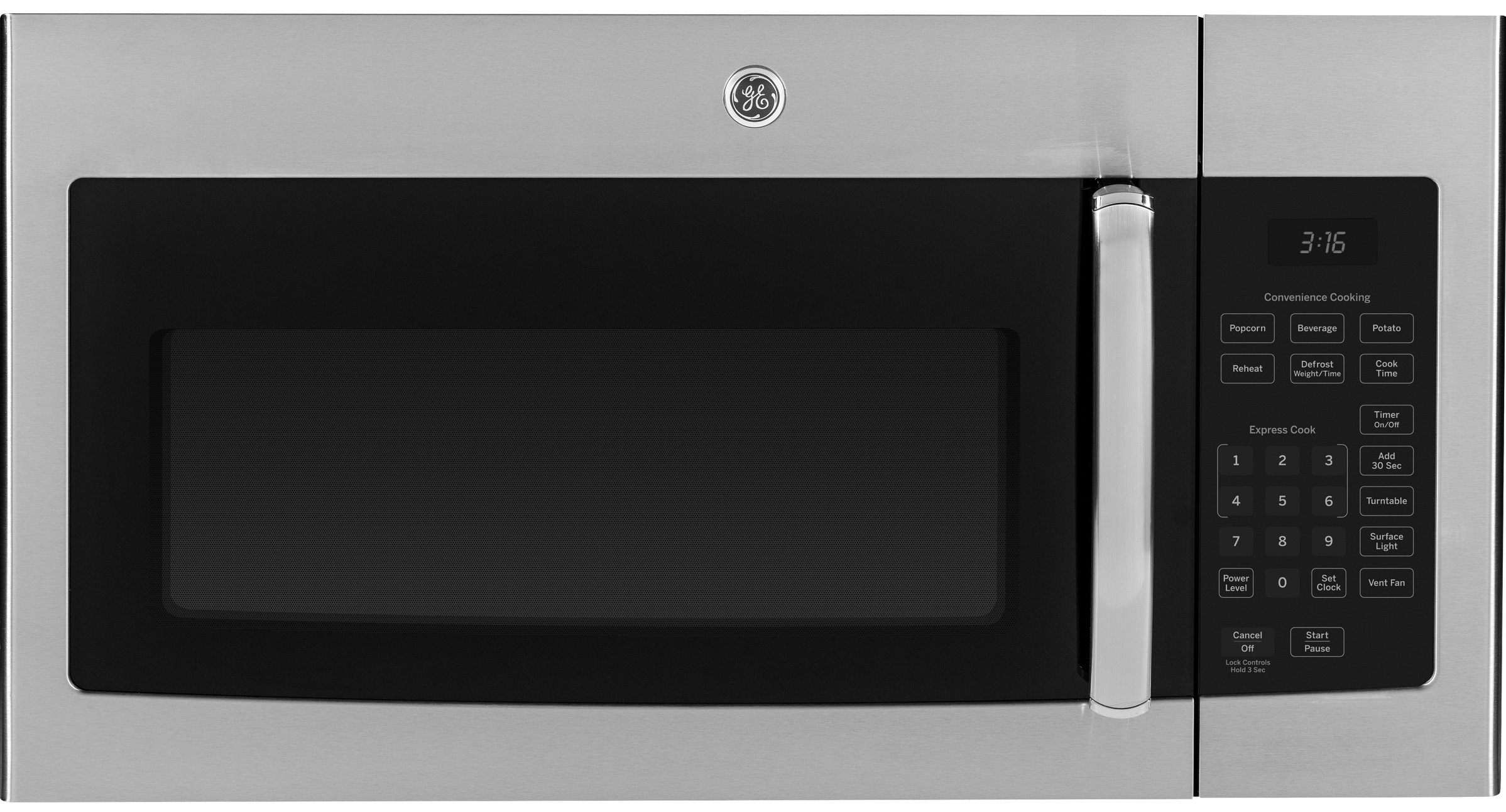 Front view of GE JVM3160RFSS over the range microwave in stainless steel finish 