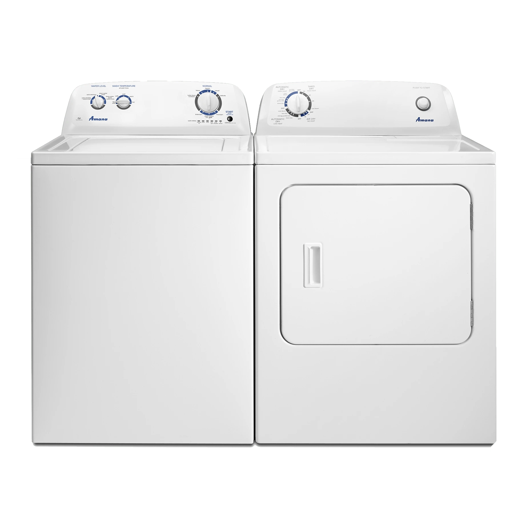 Front view of the Amana NTW4516FW washer and Amana NED4655EW dryer set 