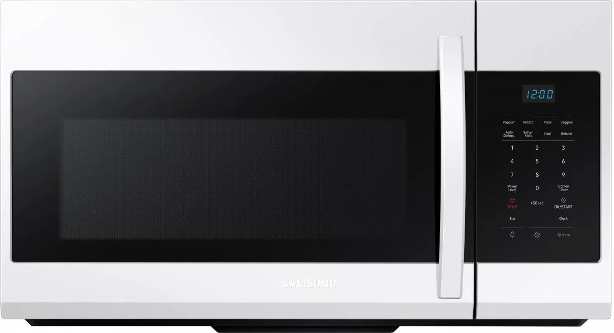 Front view of the Samsung ME17R7021EW over-the-range microwave 
