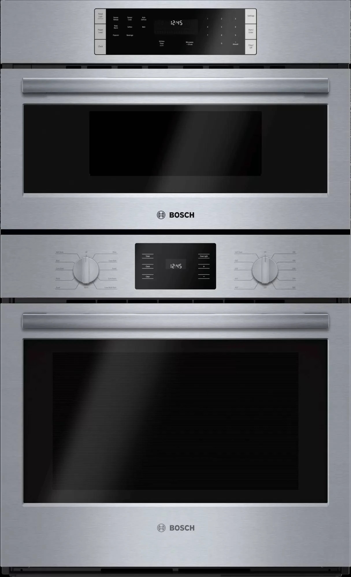 Front view of Bosch 500 Series HBL57M52UC 30-inch combination wall oven 