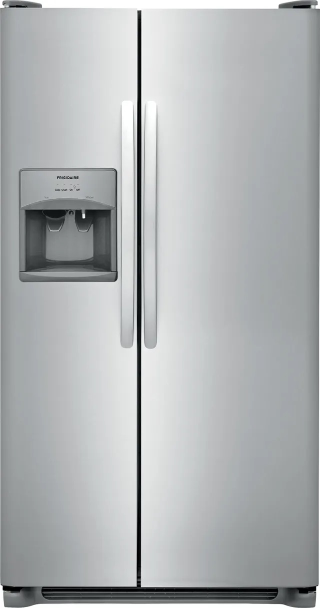 Front view of Frigidaire FFSS2615TS side by side refrigerator 