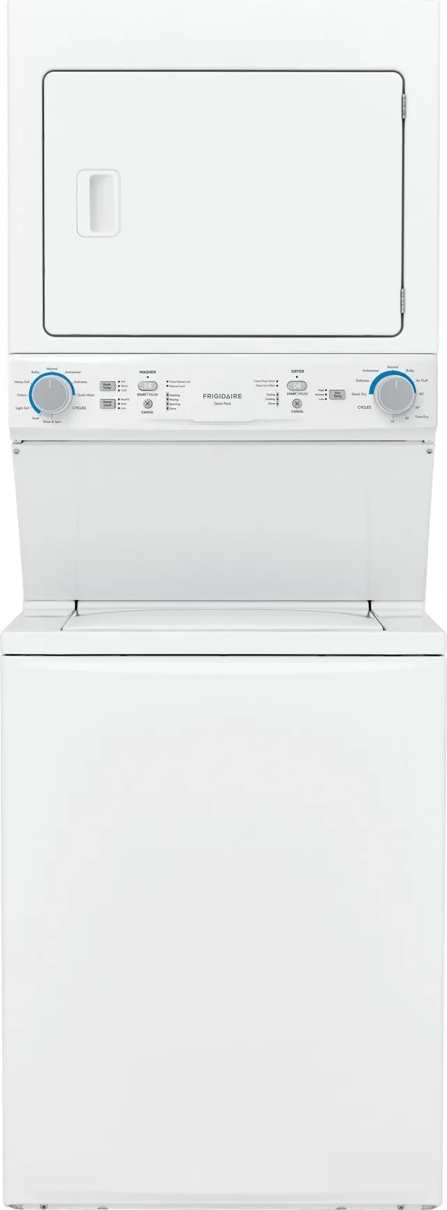 Front view of Frigidarie FLCE7522AW stackable washer dryer pair 