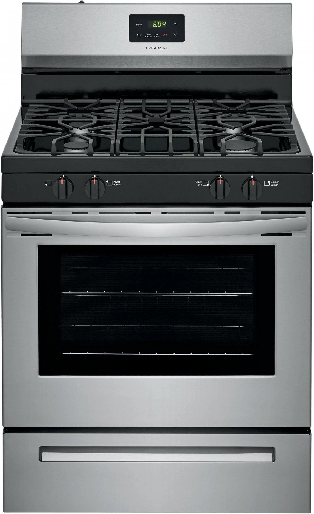 Front view of Frigidaire FCRG3051AS 30” freestanding gas range 