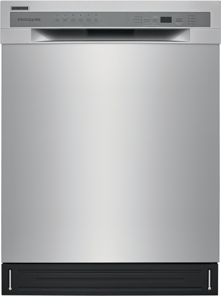 frontal view of stainless steel dishwasher with touchscreen 