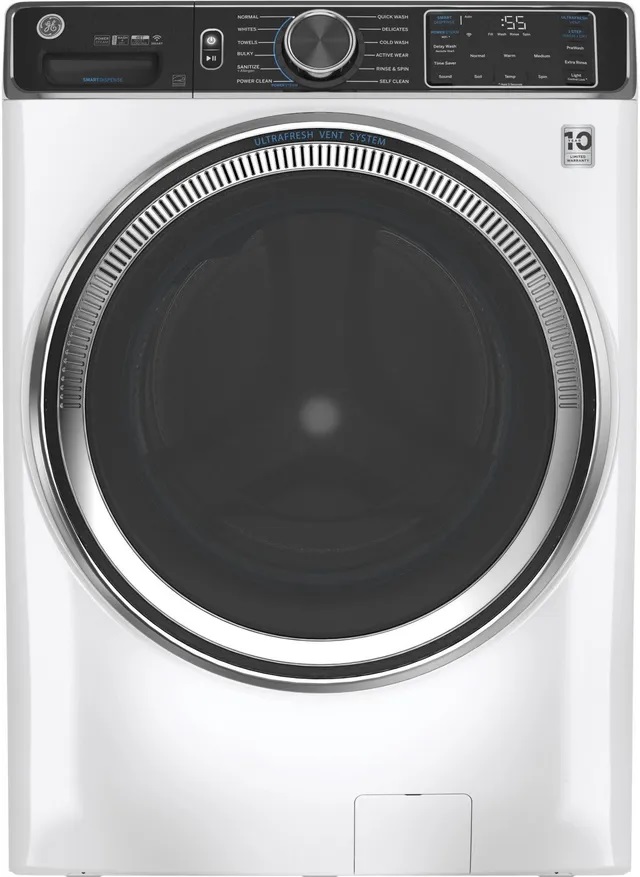 Front view of GE GFW850SSNWW white front load washer 
