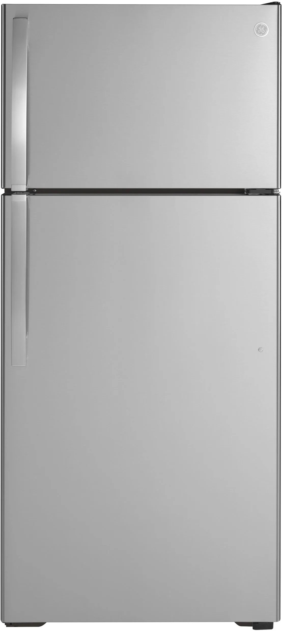 Front view of GE GIE17GSNRSS top freezer refrigerator with ice maker