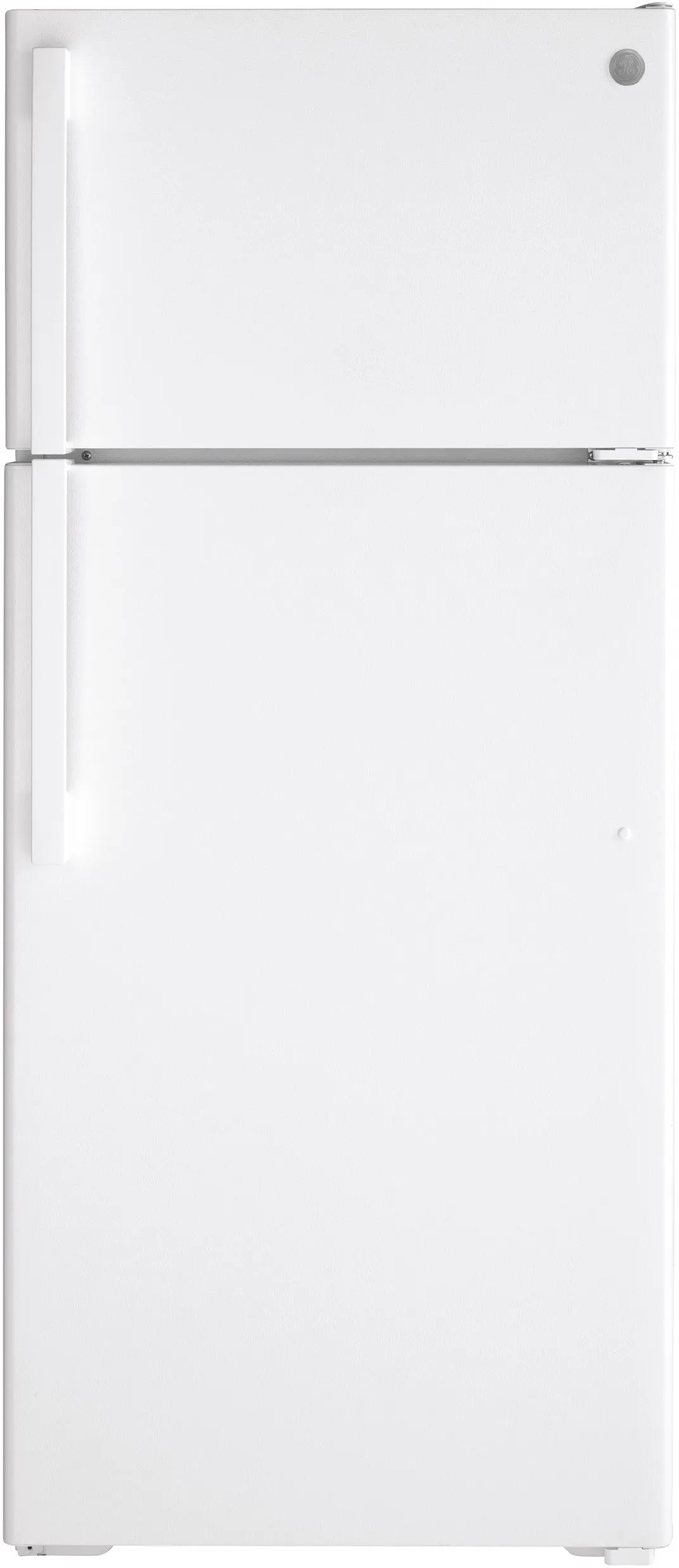 Front view of GE GIE18DTNRWW top freezer refrigerator with an internal ice maker