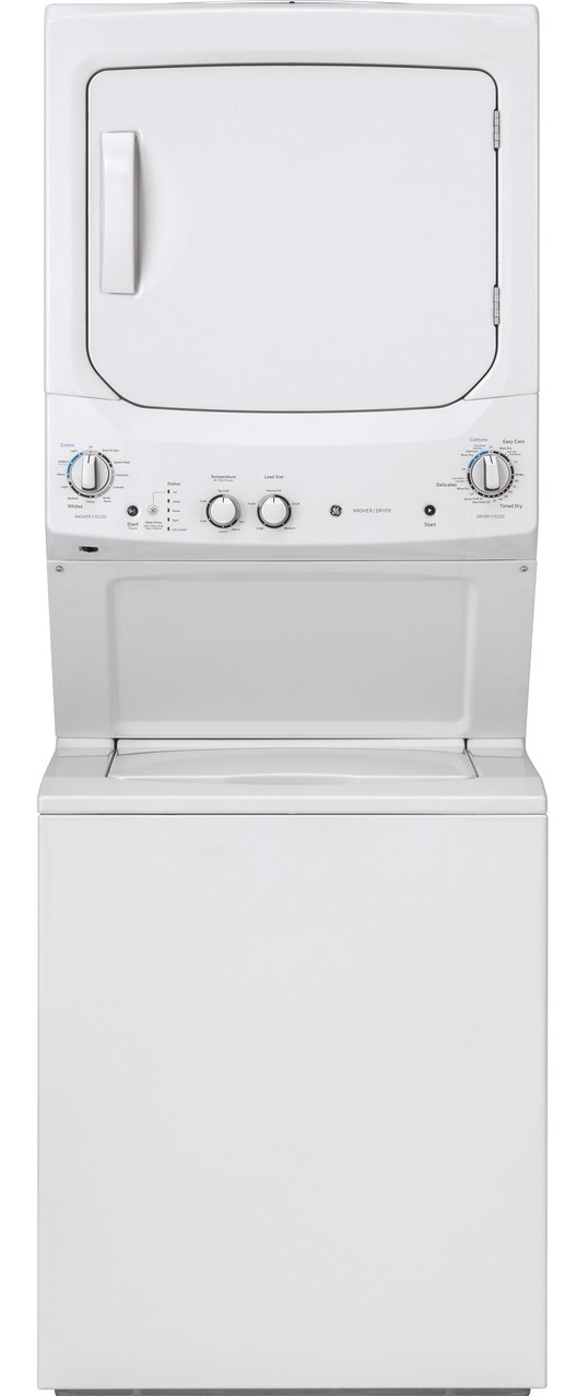 Front view of GE GUD27ESSMWW stackable washer dryer pair 