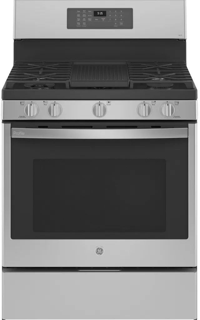 Front view of GE PGB935YPFS 30-inch gas range 