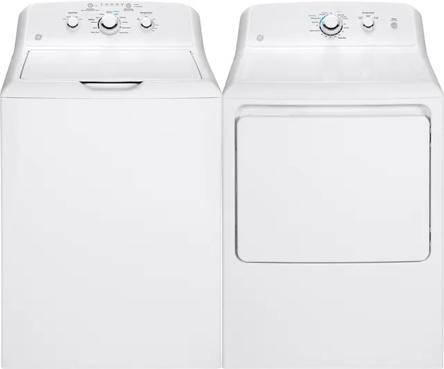 Front view of GE top load washer and dryer pair 