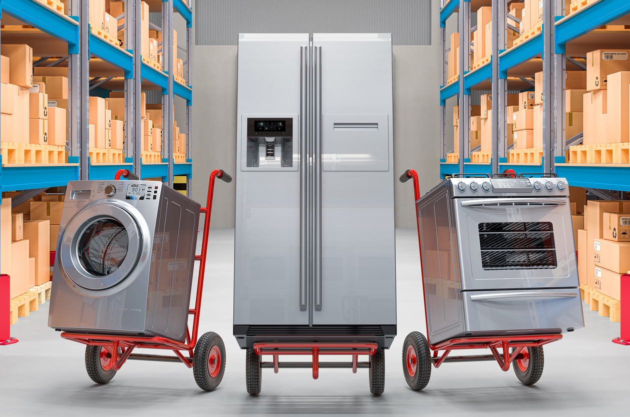 graphic of stainless steel appliances on dolly carts in warehouse