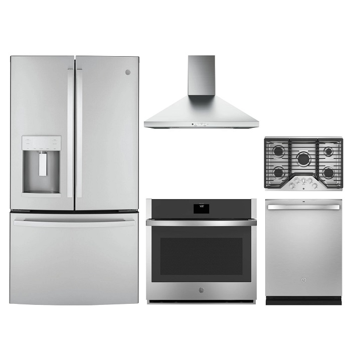 Stock photo of a stainless steel GE 5 piece kitchen appliance package.