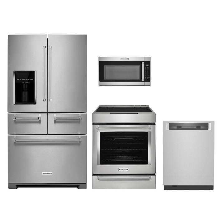 Stock photo of a stainless steel KitchenAid 4 piece kitchen appliance package.