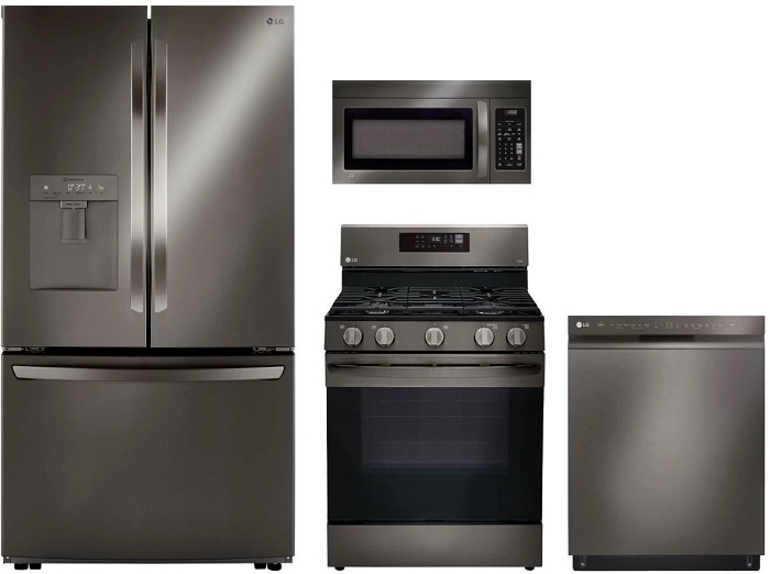 Stock photo of a black stainless steel LG 4 piece kitchen appliance package.