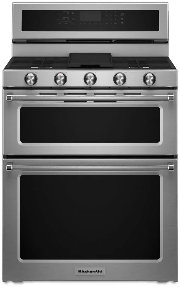Front view of KitchenAid KFGD500ESS 30-inch double oven gas range 