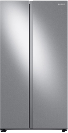 Stock photo of a stainless steel Samsung brand side by side refrigerator. 