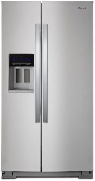Stock photo of a stainless steel Whirlpool brand side by side refrigerator with digital display and ice/water dispenser.