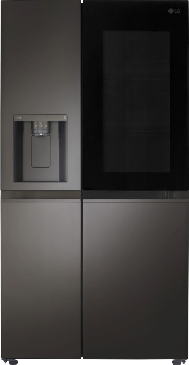 Stock photo of a black stainless steel panel design LG brand side by side refrigerator.