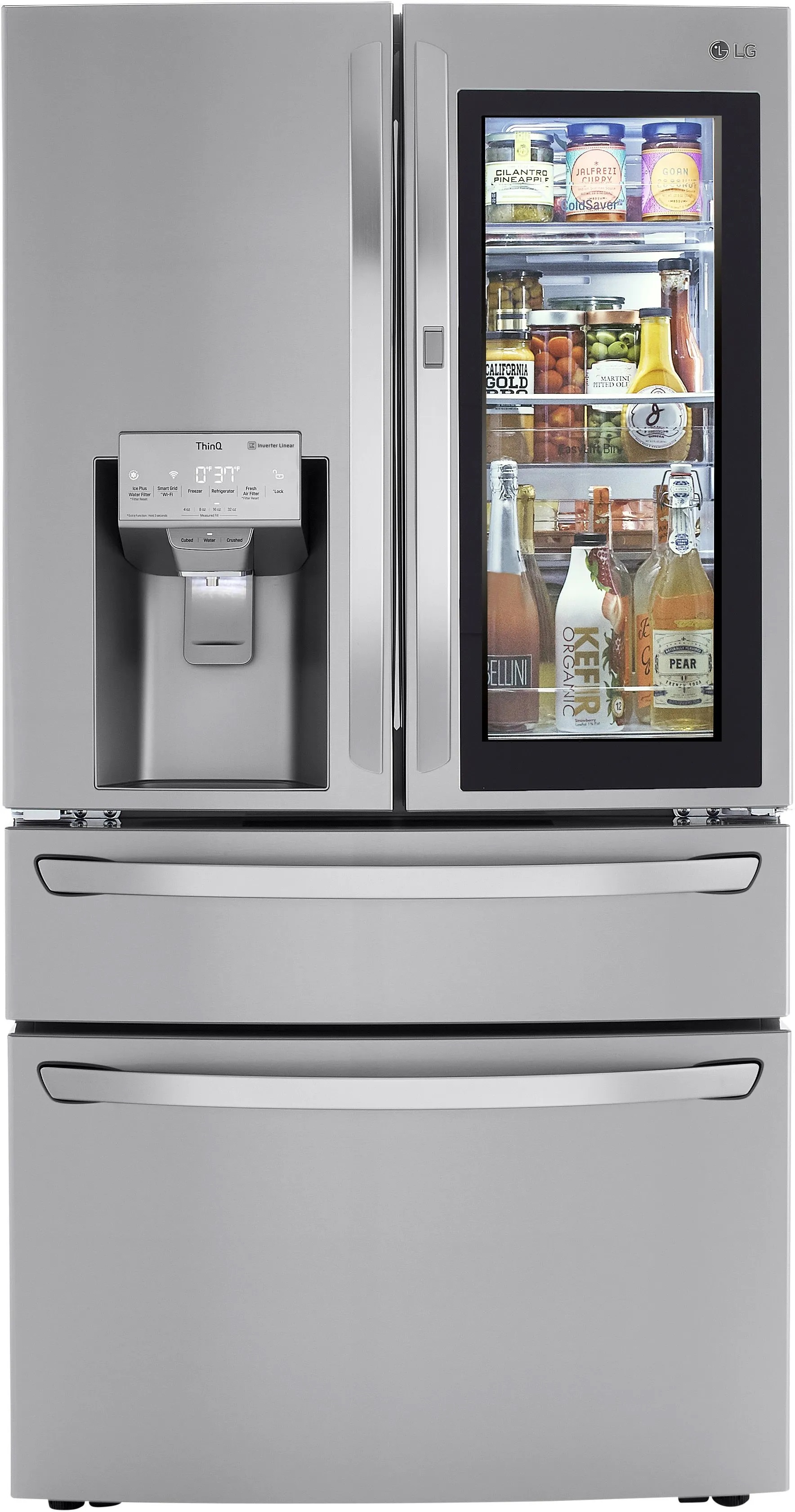 Front view of LG LRMVS3006S French door refrigerator with InstaView door 