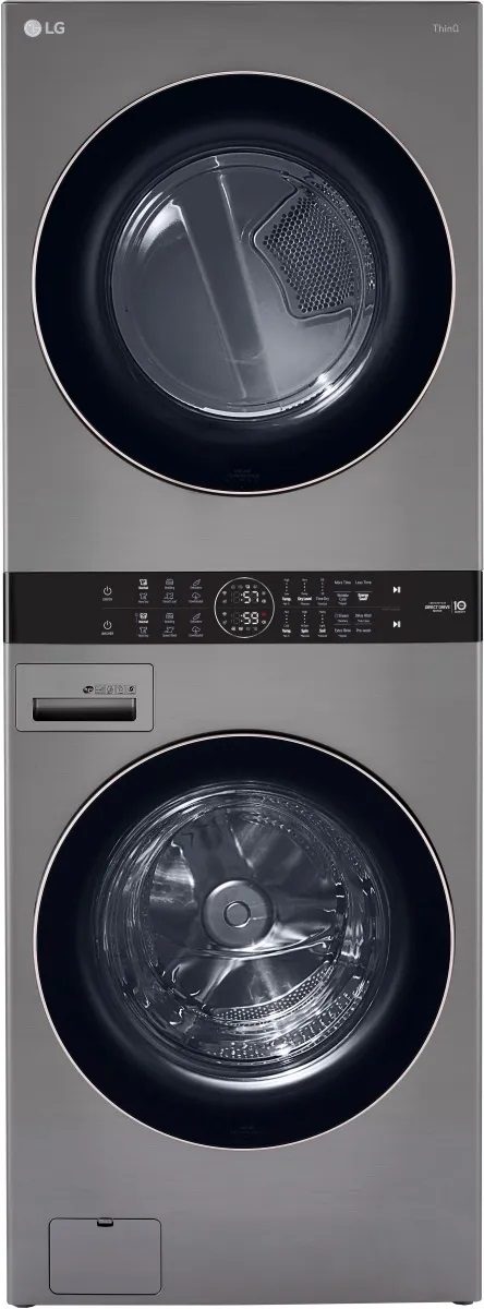 Woman using stackable LG washer and dryer 