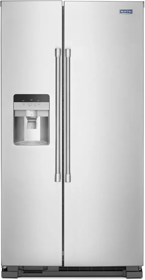 Front view of Maytag MSS25C4MGZ side by side refrigerator 