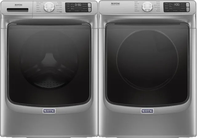 Front view of Maytag front load washer and dryer pair 