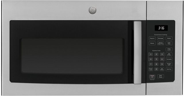 Stock photo of a stainless-steel GE brand over the range microwave