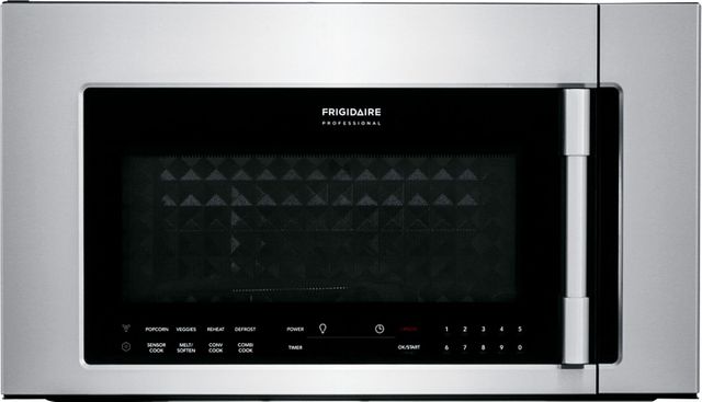 Stock photo of a stainless-steel Frigidaire brand over the range microwave.