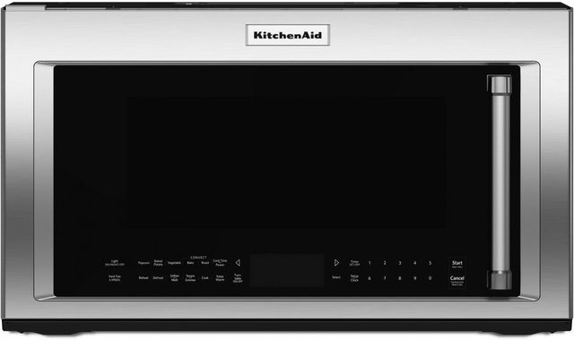 Stock photo of a stainless-steel KitchenAid brand over the range microwave.