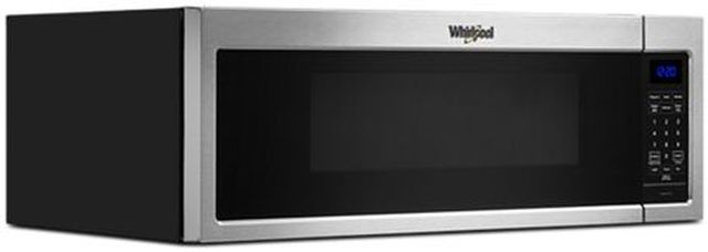 Stock photo of a stainless-steel Whirlpool brand over the range microwave.