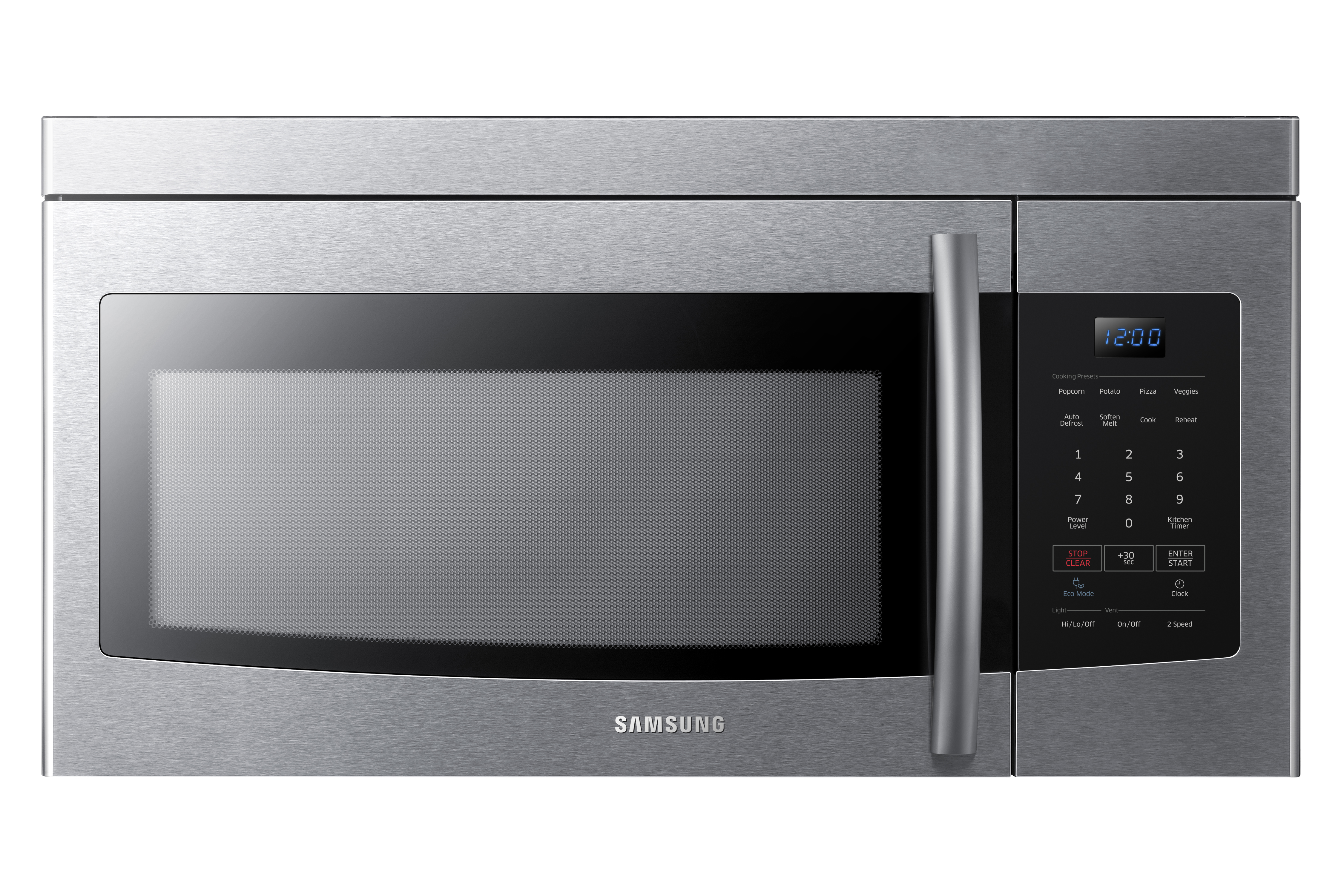 Front view of Samsung ME16K3000AS over the range microwave in stainless steel finish 