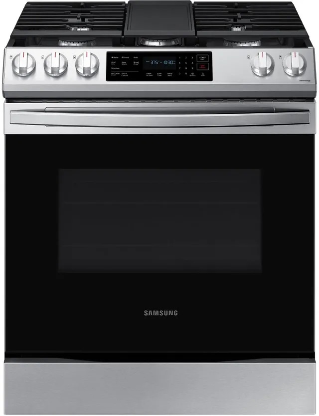 Front view of Samsung NX60T8311SS 30-inch slide in gas range 