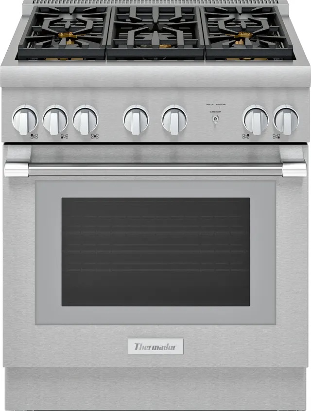 Front view of Thermador PRG305WH pro-style slide in gas range