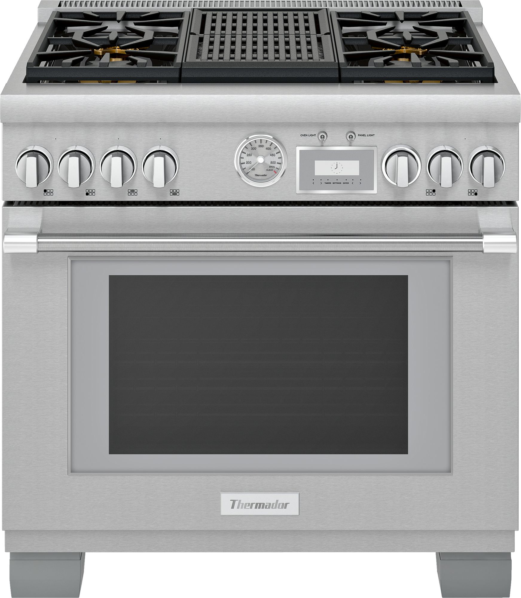 Stock photo of a stainless steel Thermador brand range with large handle and metal griddle in the middle. 