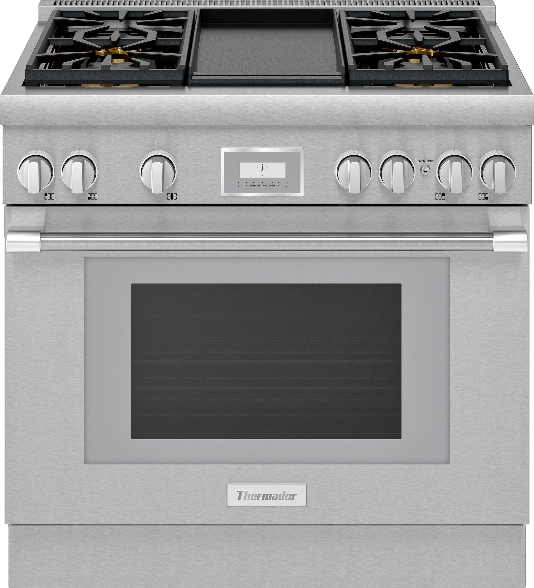 Stock photo of a stainless steel Thermador brand range with large handle and frontal digital controls.
