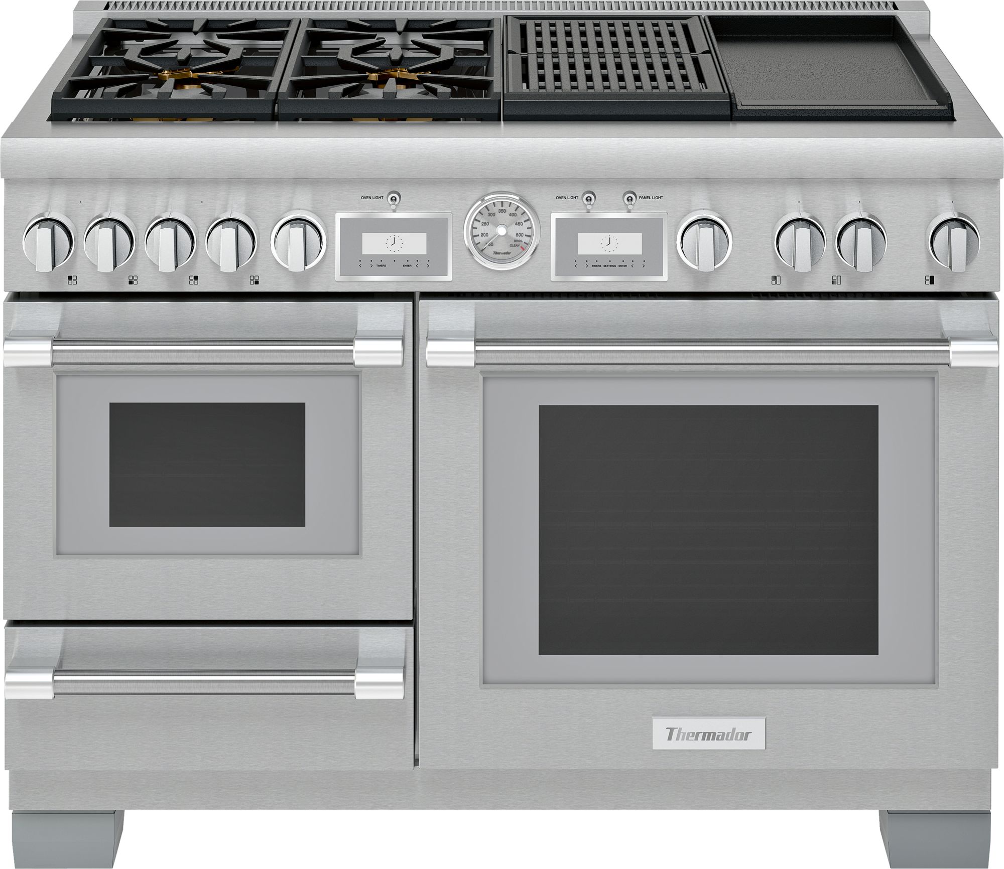 Stock photo of a stainless steel Thermador brand range with two ovens and a warming drawer. 