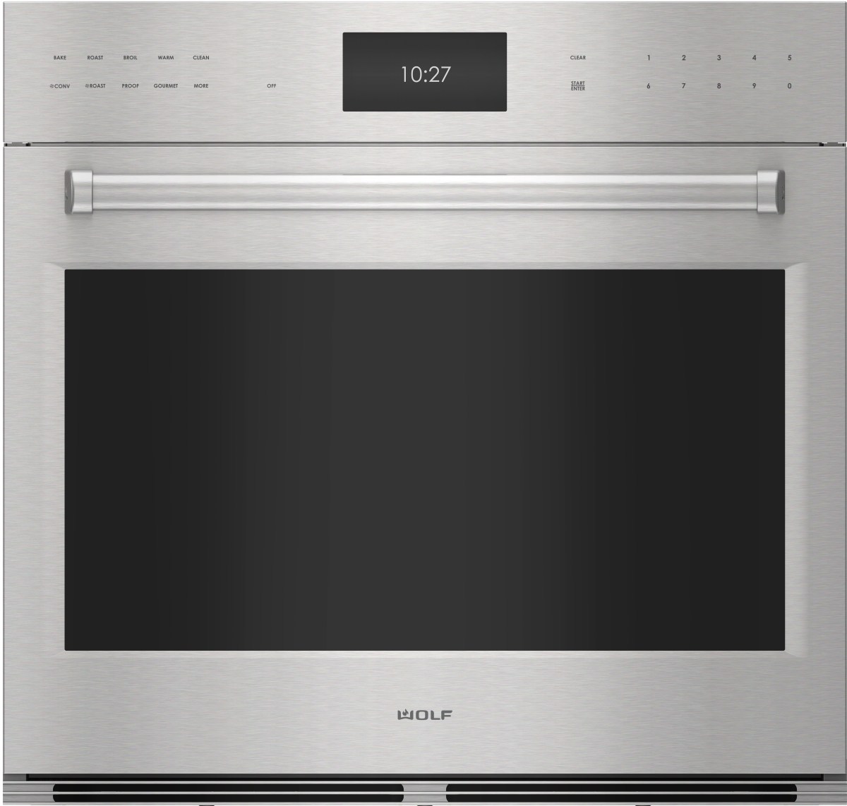 Stock photo of a stainless steel Wolf wall oven. 