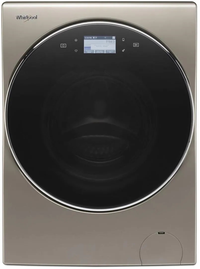 Stock photo of a cashmere finish front load Whirlpool washer dryer combo