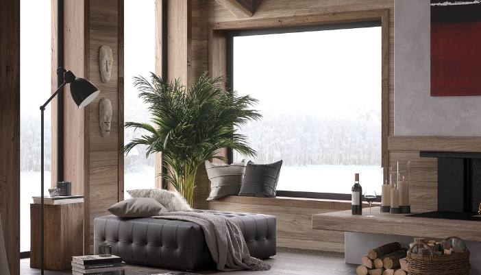 Interior of luxury home with blistery winter outdoors