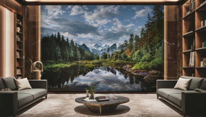 Wellness retreat with large wall panel showing virtual outdoors in a different climate