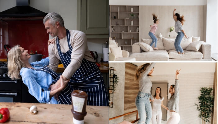 Collage of people dancing in different rooms of the house