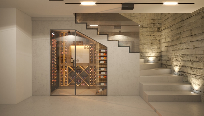 A beautifully lit and controlled wine cellar room