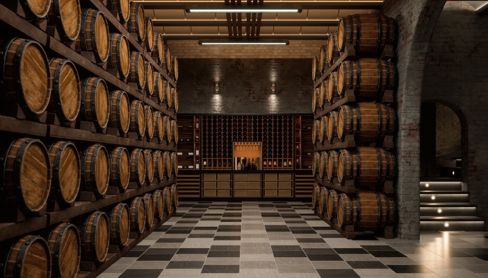 A luxurious wine and whiskey cellar with dimmer lighting for energy-efficiency