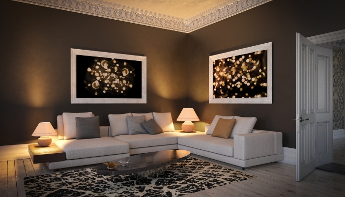 A luxury living room with digital art frames