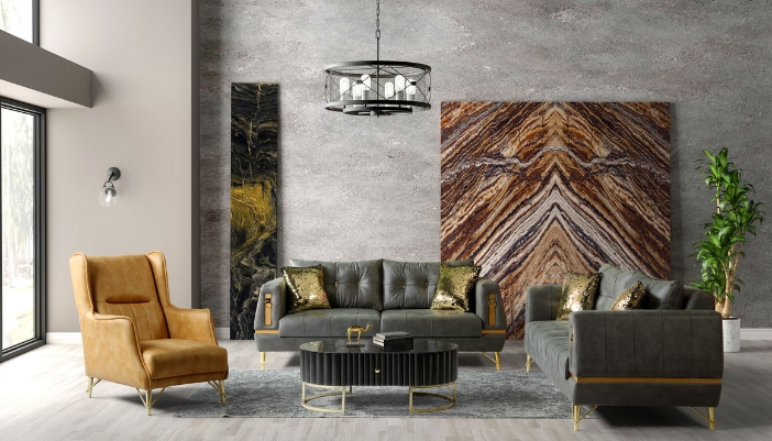 A high-end living room with stylish furniture and art