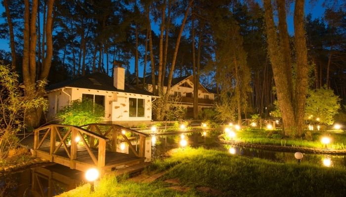 Backyard home space with path lights