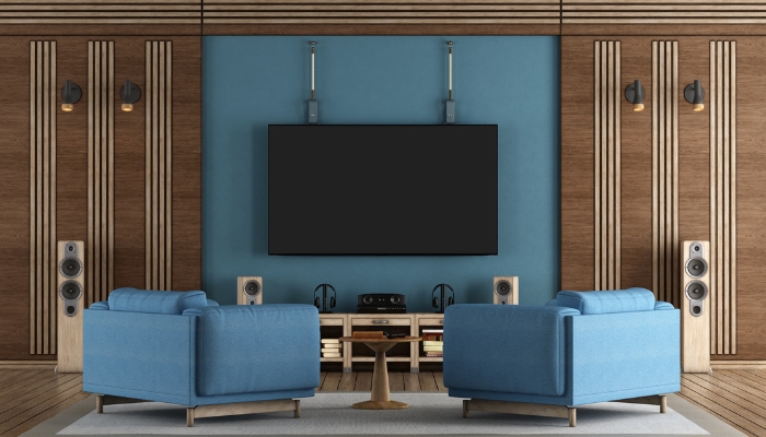 Living room with wireless speaker setup
