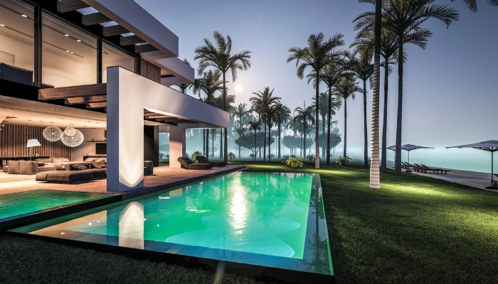 Luxury patio space with a pool, lights, and entertainment