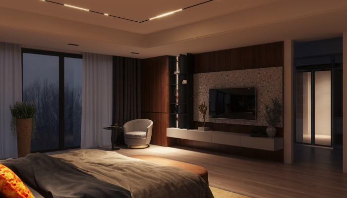 Bedroom with recessed lighting in the ceiling and other lights turned off