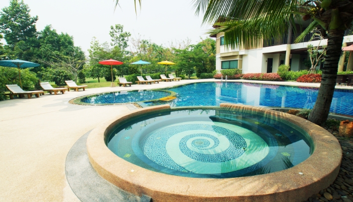 Luxury backyard with hot tub and pool